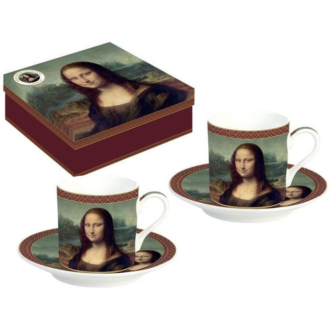 Komplet porcelanowych filiżanek do espresso ze spodkiem ozdobne pudełko włoska porcelana motyw Mona Lisa 75 ml